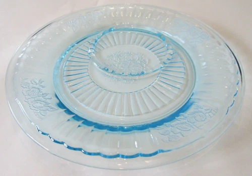 OFFSET SAUCER! Vintage HOCKING GLASS depression BLUE MAYFAIR pattern EXC