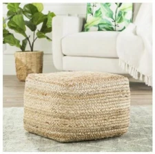 Beige Cube Square Shape Jute Pouf Polystyrene Beads Ottoman Foot Stool Furniture