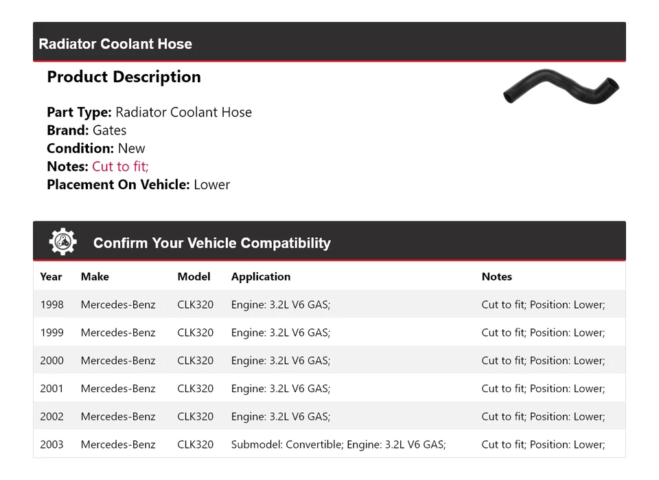 Para Mercedes-Benz CLK320 1998-2003 3,2 L V6 GAS Radiador Refrigerante Manguera Puertas Inferiores Foto 2 de 4