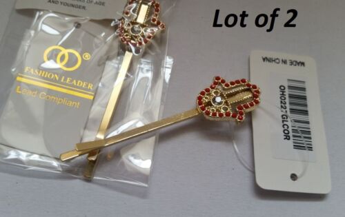 2 Gold-tone Hair Pins Hamsa Hand Red Crystals Girl Head Accessories Z2-14/22 - Picture 1 of 4