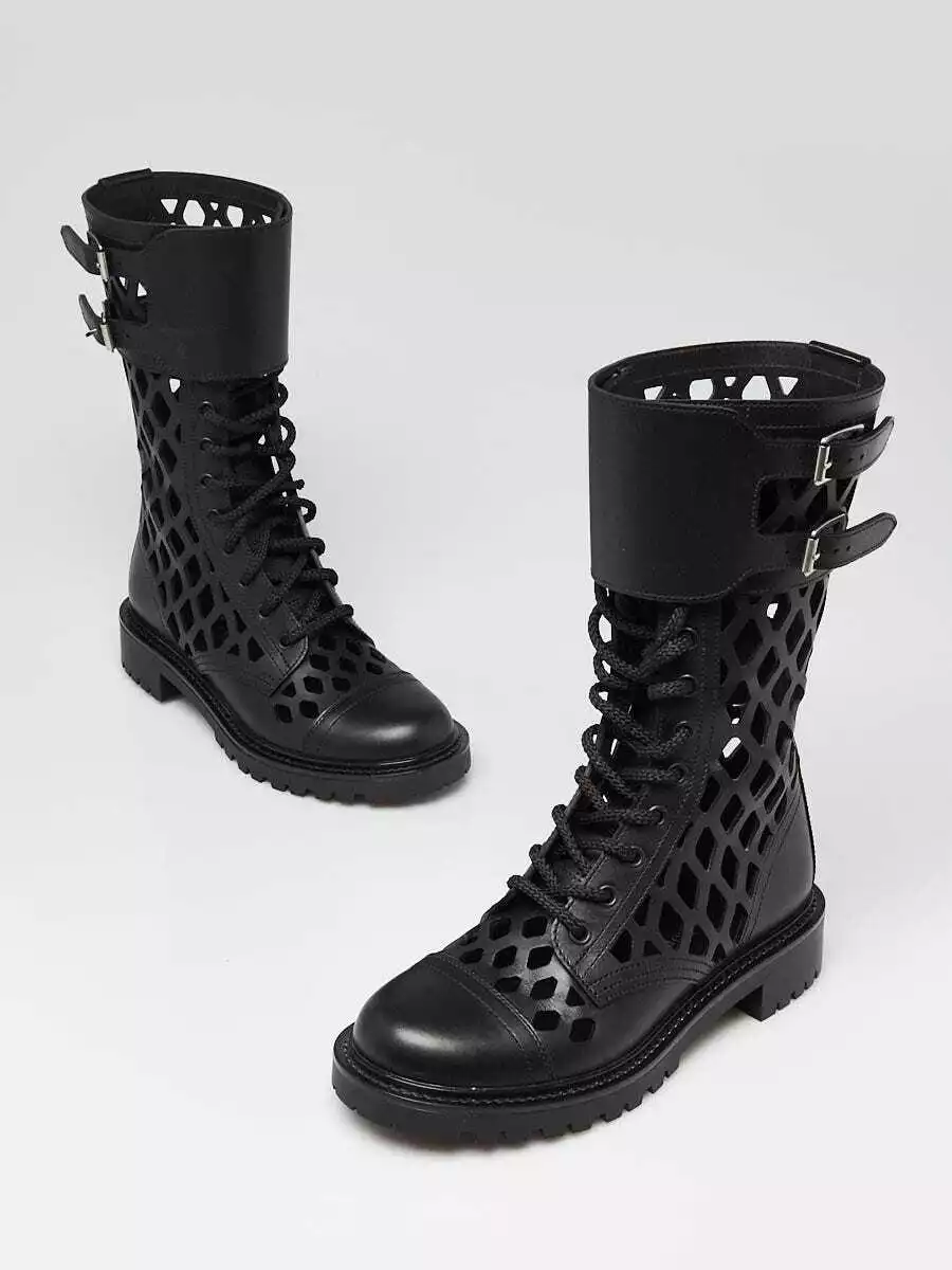 Bottes de combat Christian Dior noir mat cuir de veau D Trap taille 5,5/36