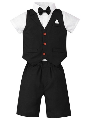 Baby Boys Gentleman Suits Formal Bow Tie Shirt + Shorts + Vest for Wedding Party - Picture 19 of 51