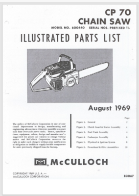 McCulloch CP 70 Chainsaw Illustrated Parts List Aug 1969 11 PAGES