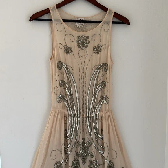 Vestido Haute Hippie Lentejuelas Cuentas Mujer XS Seda Transparente Beige Foto 2 de 4