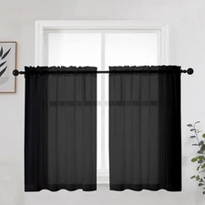 Short Black Sheer Curtains 36 Inches 2 Panels Set - Kitchen Tiers Valances
