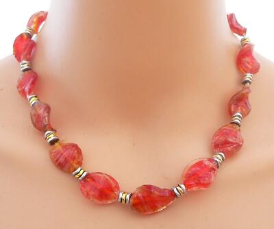 Halskette Glas Lampwork Twist Glas Murano Art  Rot Hämatit Silber Gold 444t