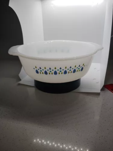 Vintage Fire King Milk Glass Alpine Swiss Chalet Blue Green 8" Casserole Dish