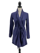 Garnet Hill Womens Robe Blue Small Knit Cotton Modal Shawl Collar Thigh Length