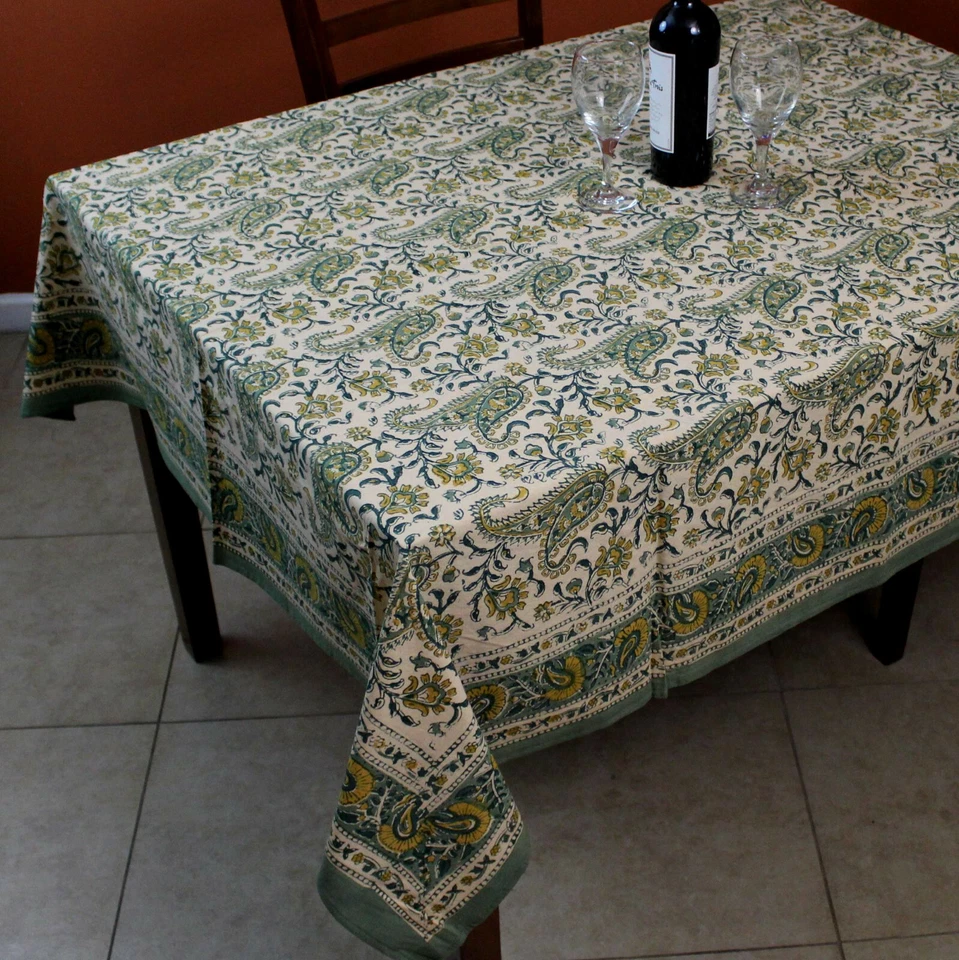 Block Print Tablecloth Rectangle 72x106 Green Yellow Cotton Floral Paisley Linen - Image 2 of 2
