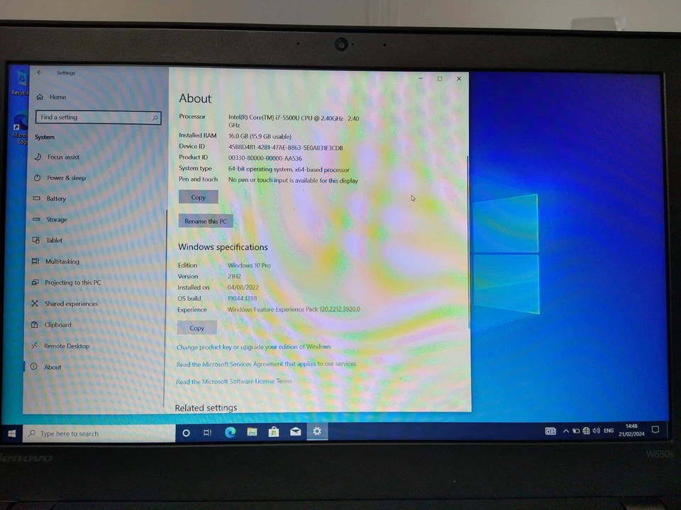 Lenovo ThinkPad W550s i7-5500U 2.4GHz 16GB RAM 256GB SSD *SUNKEN POWER BUTTON* - Image 2 of 4