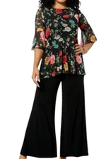 Antthony Women's 2-piece Flounce Slv Top Pant Set Garden Multi/Black