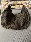 Fendi Zucchino Vanity Bag Handbag Dark Brown Nylon Jacquard Leather Lock & Key
