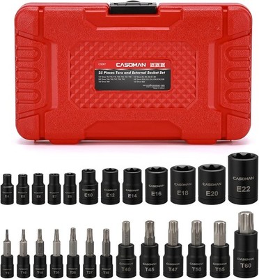 25 Piece Torx Bit Socket and External Socket Set, 13 Star Socket Bits