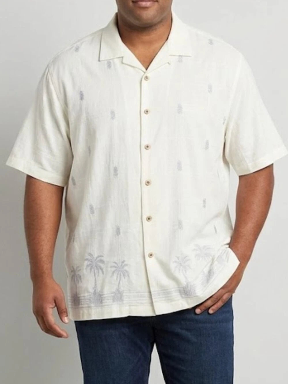 Tommy Bahama XXL White 100% Silk Embroidered Palm Tree Camp Shirt Luxury Coastal
