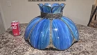Nice! Antique Vintage Stained Slag Glass Leaded Hanging Blue Green 8 Panel Shade