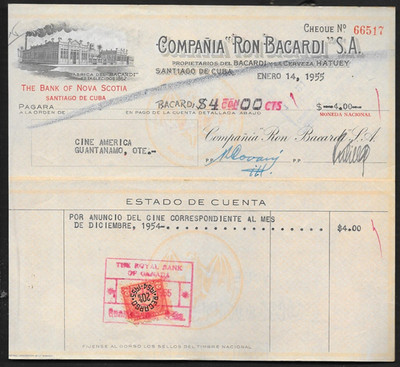 Invoice-check from Cuban Rum Co. BACARDI for publicity. 1955
