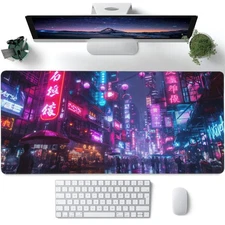 Desk Mat,Cyberpunk Neon City Large Gaming Mouse Pad for Desk XXL,Futuristic N...