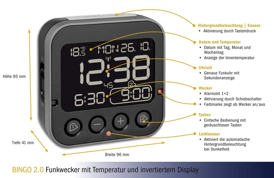 Bingo 2.0 digitaler Funk-Wecker 60.2552.01 invertiertes Display 2 Weckalarme ... - Bild 3 von 4