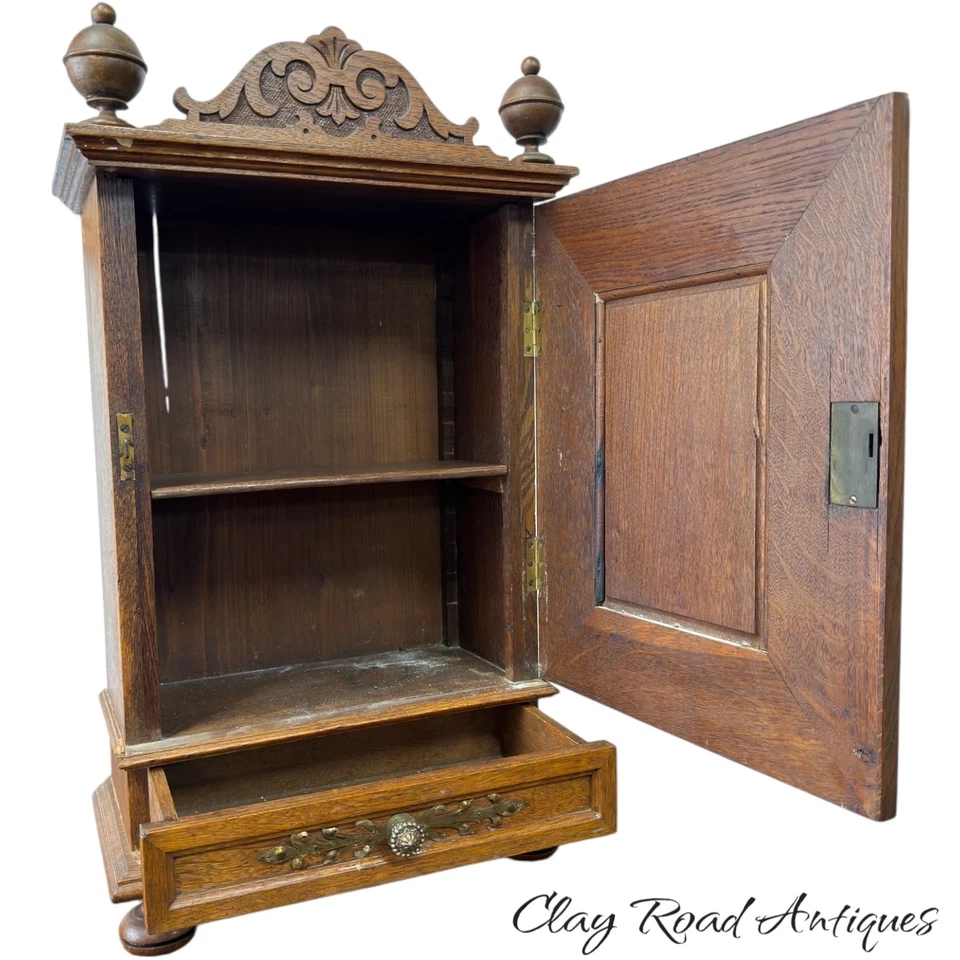 Antique Art Nouveau tiger oak quarter sawn wall cabinet 1890 bronze plaque nice - Image 2 of 4