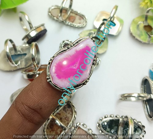 Pink Slice Agate & Mix Gemstone 925 Sterling Silver Plated Ring Lot 100pcs - Picture 2 of 7