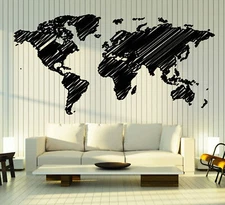 Vinyl Decal Wall Sticker World Map Continents Technique of Hatching Decor (n799)