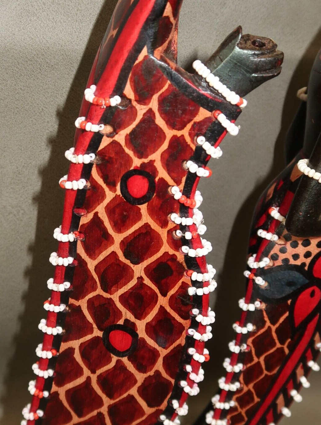 PAIR of Maasai African Mahogany Wood Woman and Man Beaded Figures Carved 12"