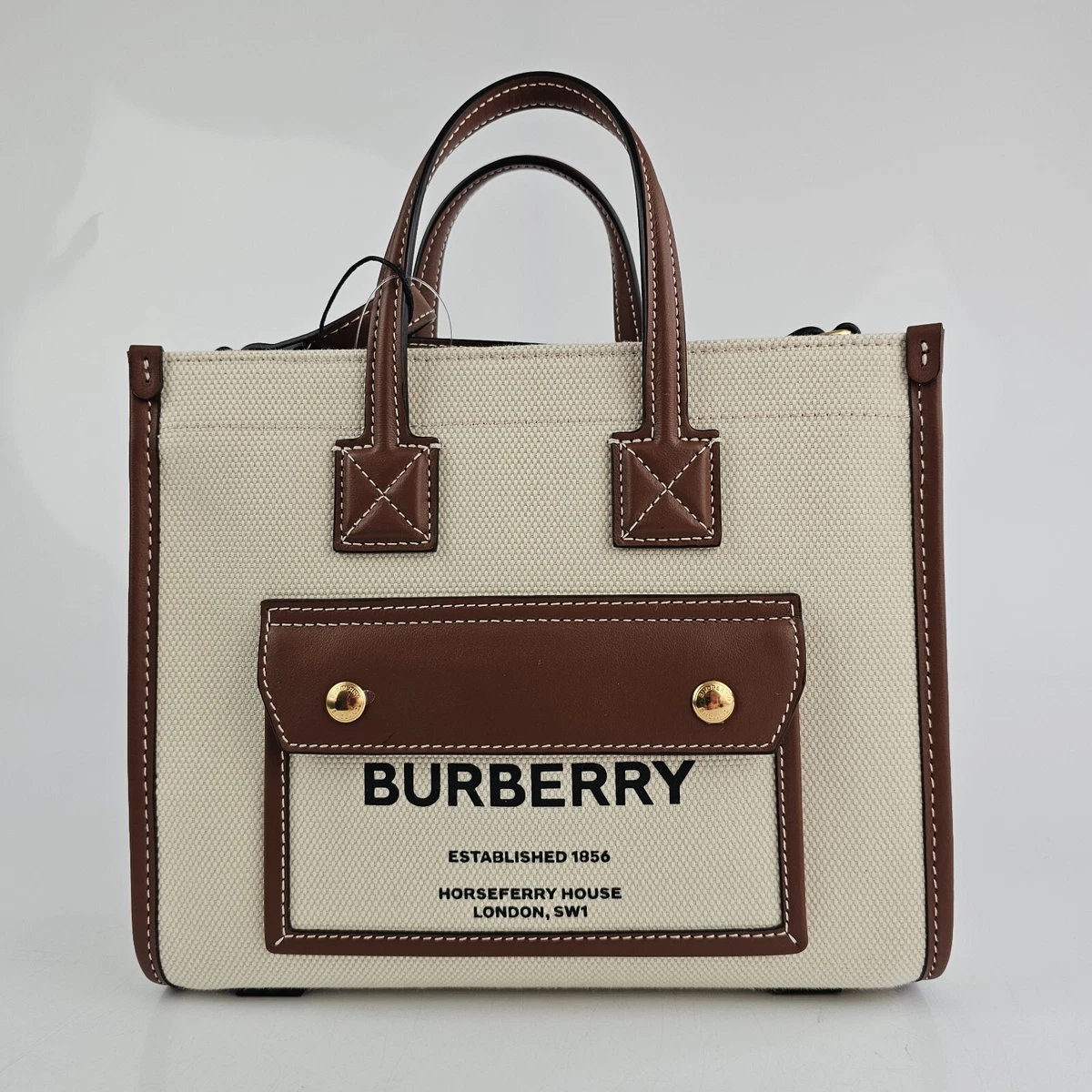 Burberry Mini Logo Graphic Canvas Leather Pocket Tote Bag Natural