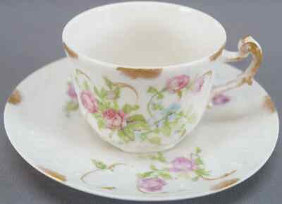 Pair of S Maas Limoges Pink Rose & Blue Floral Tea Cups & Saucers Circa 1910