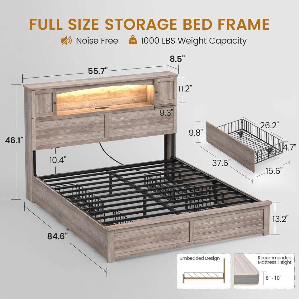 Marco de cama de granja tamaño completo con estantería y armarios de almacenamiento cabecero gris Foto 2 de 4