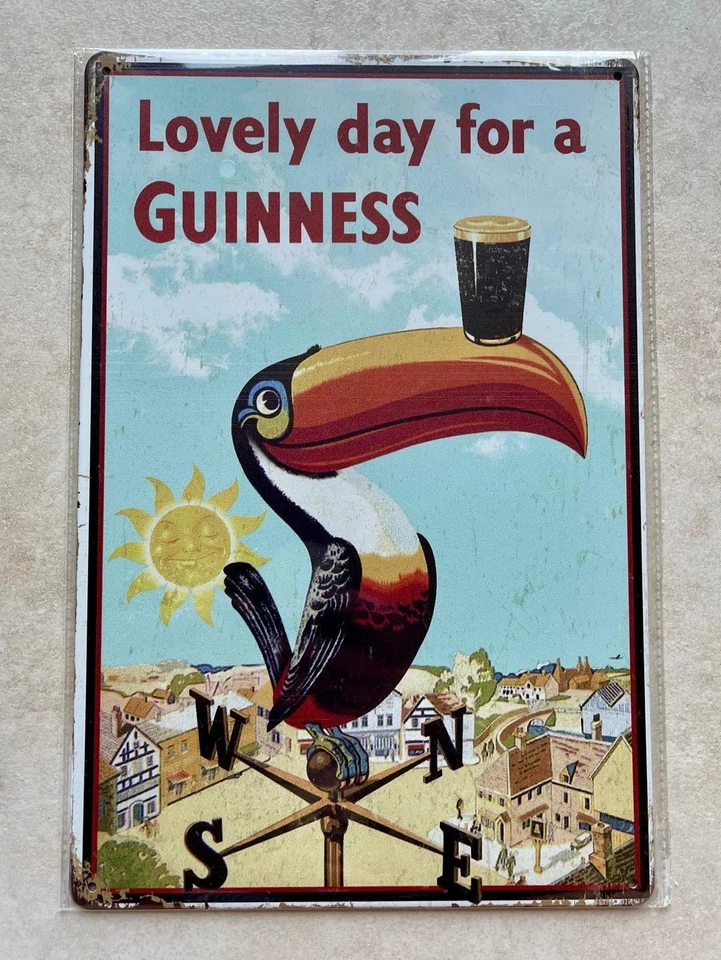 HANDMADE BELLISSIMA GIORNATA PER UNA GUINNESS INSEGNA IN METALLO UOMO GROTTA BAR PUB TUCANO 20x30cm