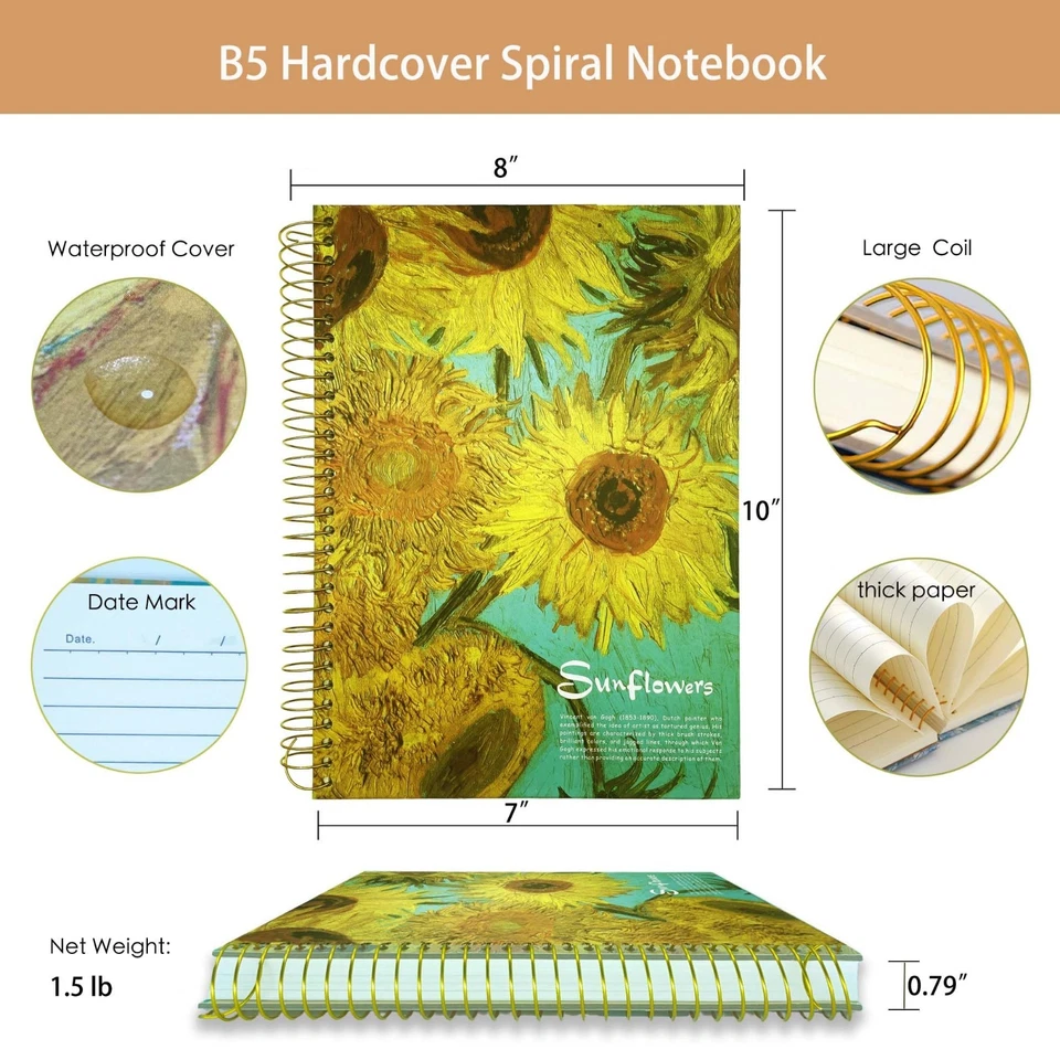 Large Spiral Notebook, B5, 300 Pages, Lined, Van Gogh, Sunflower gifts for Women - Image 3 of 4