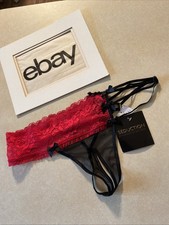 Frederick s of Hollywood Crotchless Panties XL Red Lace Black Bow Seduction NWT