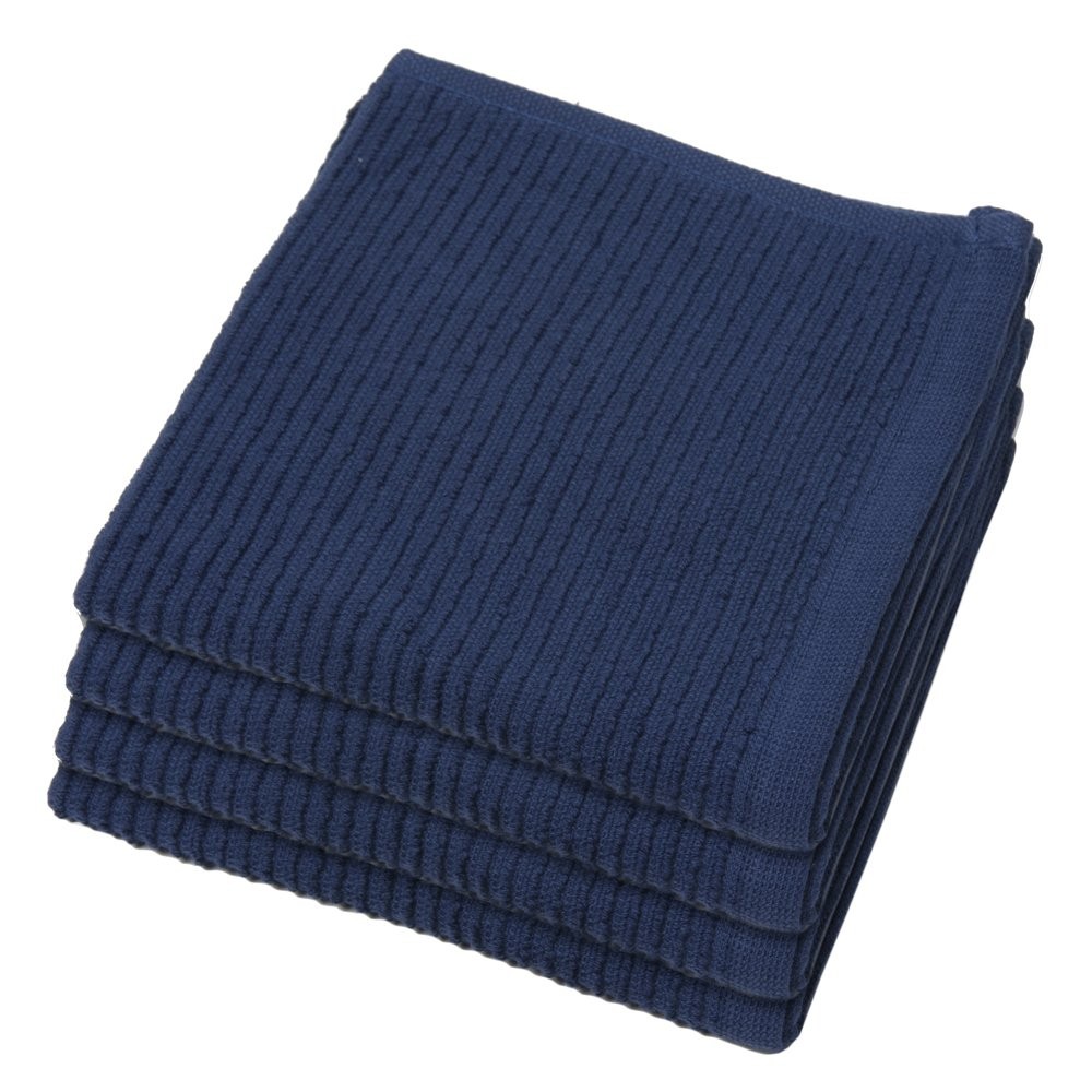 Set of 4 Ripple Kitchen Dishcloths Indigo Blue Cotton Absorbent Cleaning Towels