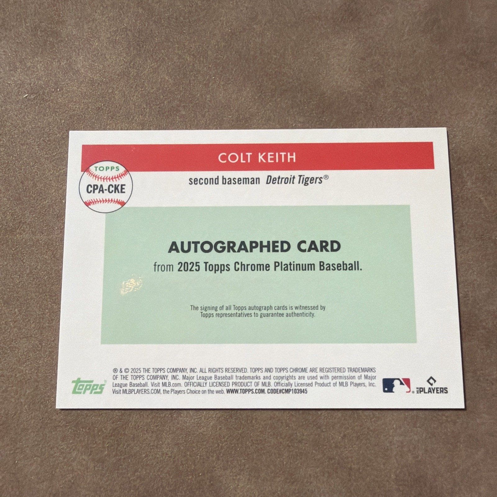2025 Topps Chrome Platinum Colt Keith On Card Auto True Gold 21/50 view 2