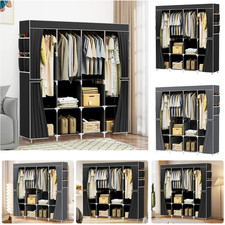 2026 Fabric Canvas Wardrobe with Clothes Hanging Rail Shelving Storage Closet UK