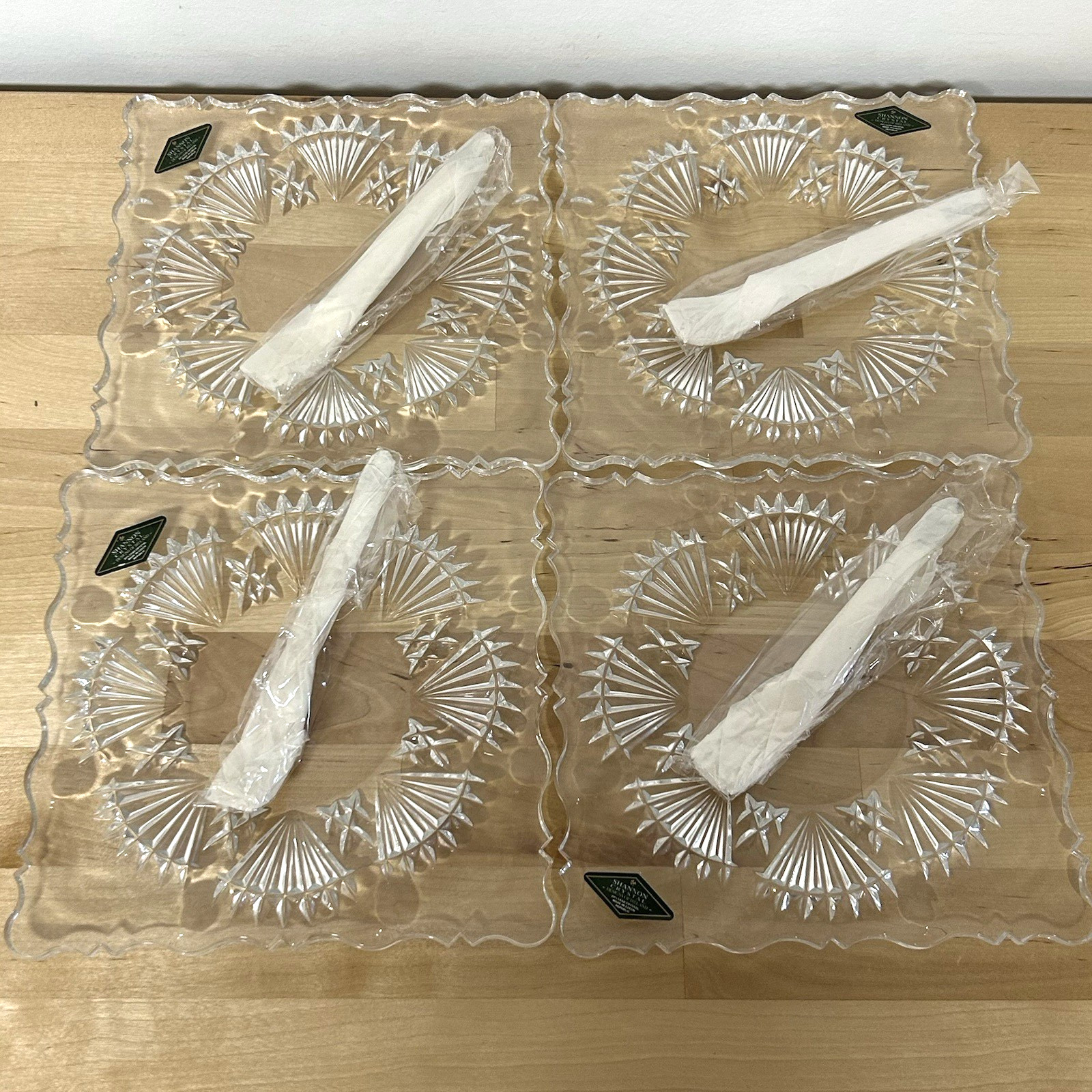 NEW Vtg Godinger Shannon Lead Crystal 4 Dessert Plates 4 For