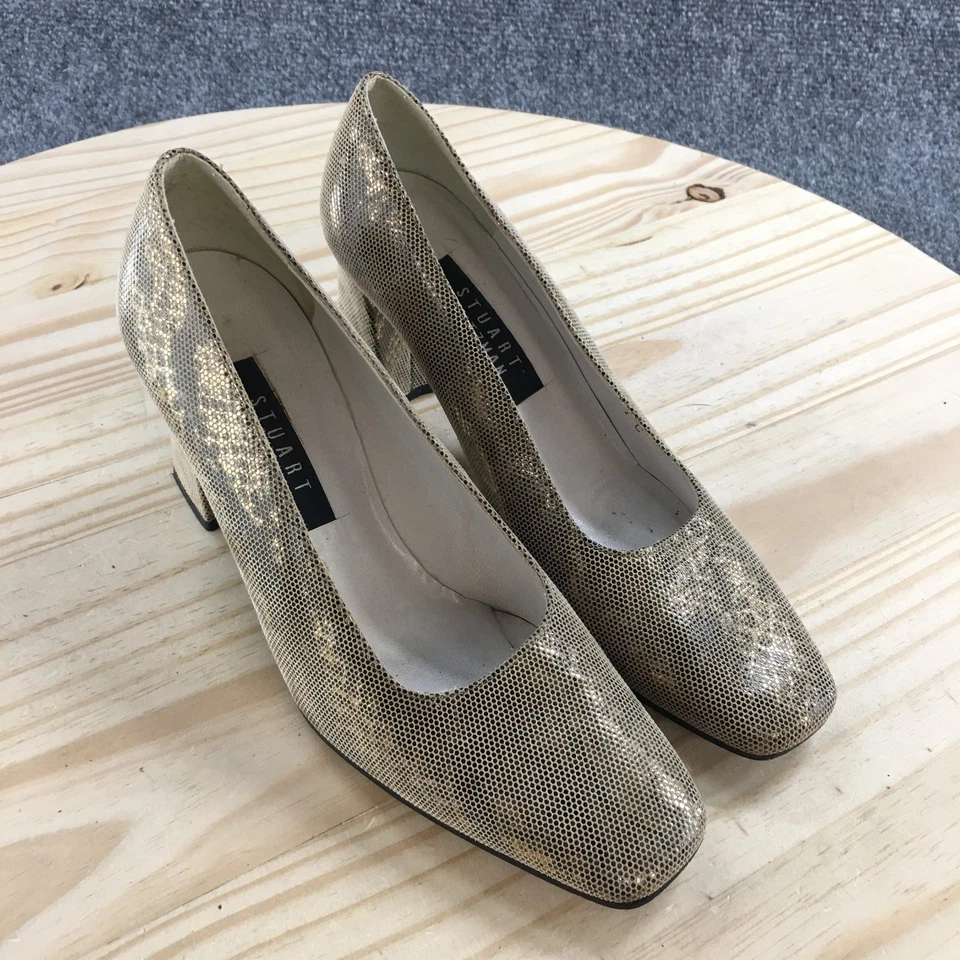 Stuart Weitzman Shoes Womens 7.5C Pump Gold Snakeskin Slip On Casual Block Heels - Image 3 of 4