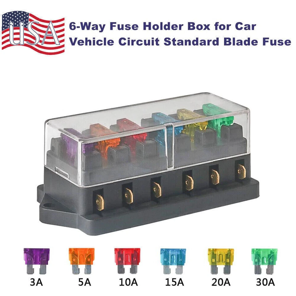 6 Way Blade Fuse Box Block Holder Boat Car Power Distribution Panel Board 1/2/5x - Image 3 of 4