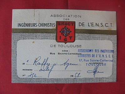 ''0582''  CARTE MEMBRE ASSOCIATION DES INGENIEURS CHIMISTES DE TOULOUSE E.N.S.C.T.