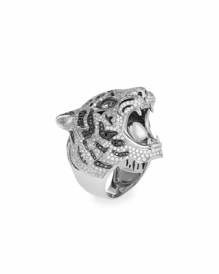 Anillo de mujer con diseño de cara de tigre y zafiro blanco simulado y ónix negro en plata 935 Foto 2 de 4