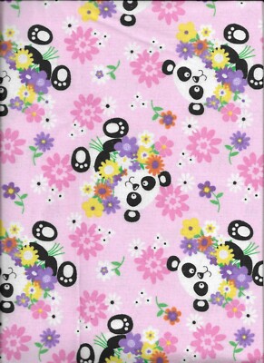 New A.E. Nathan Cute Pandas and Flowers on Pink Flannel Fabric by the Half Yard