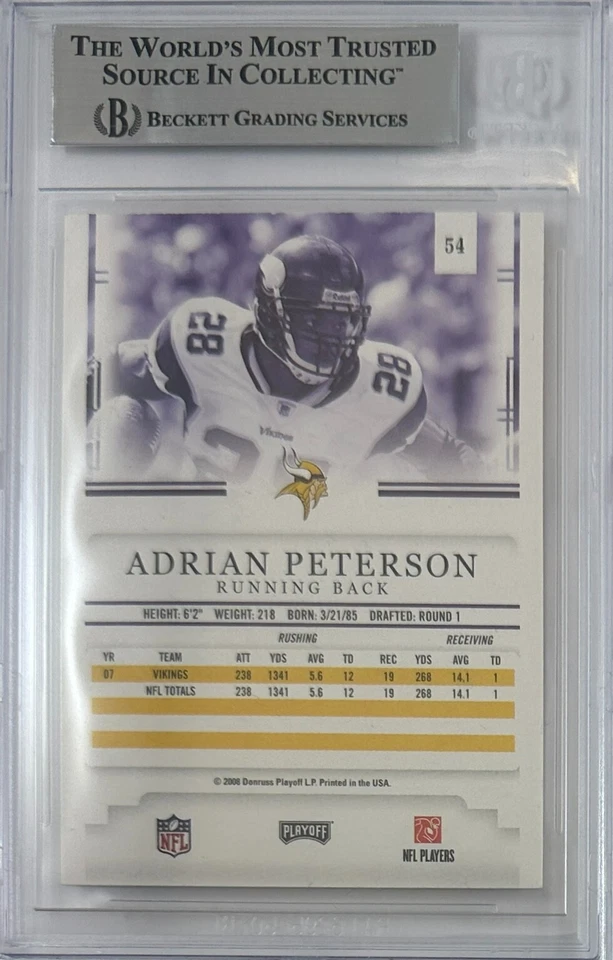 Tarjeta automática Adrian Peterson 2008 Donruss #54 NFL Minnesota Vikings BAS Encap Foto 2 de 2