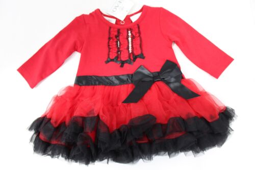 FAO Schwarz Red Black Long Sleeve Ruffle Tulle Tutu Bodysuit Dress Size 3 Months