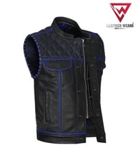 Men's Blue Diamond Leather Biker Vest, Conceal Carry, Motorcycle Waistcoat