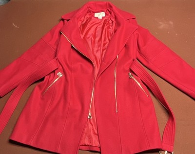 Michael Kors Women s Red Belted Full Zip Lined Pocket Short Jacket Size M