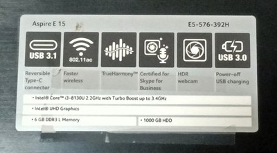 Acer laptop Aspire E5-576 Series Model N16Q2 8GB RAM 256GB SSD