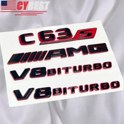 Gloss Black Red C63s AMG V8 BITURBO Trunk Badge Emblem For MB W205 C205 C63 C63S