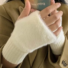 Fleece Soft Winter Half Finger Gloves Women Warm Luxury Solid White