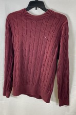 Tommy Hilfiger Men's Sweater Maroon Burgundy Cable Knit Crewneck Cotton Logo S
