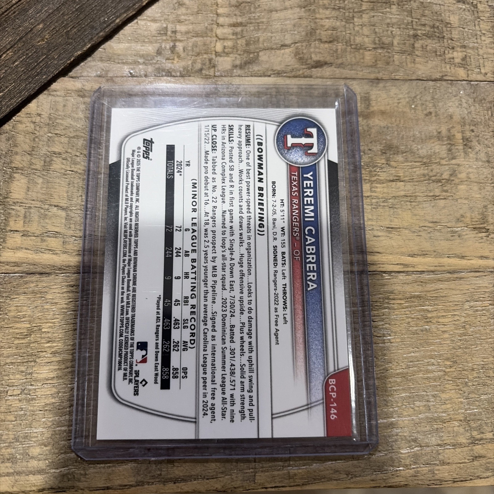 2025 Bowman Chrome Sapphire Yeremi Cabrera Orange Refractor /25 Rangers Prospect view 2